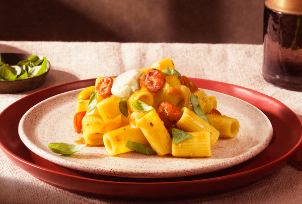 Barilla® Al Bronzo Mezzi Rigatoni with Cherry Tomatoes, Fresh Basil & Burrata Cheese